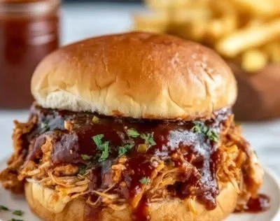 Delicious slow cooker pulled BBQ chicken served with buns and coleslaw