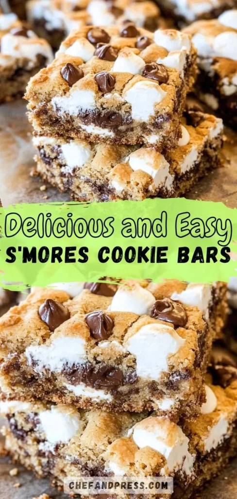 Delicious S'mores Cookie Bars topped with chocolate and marshmallows