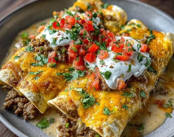 Southern breakfast enchiladas topped with creamy sausage gravy