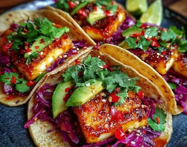 Spicy honey halloumi tacos topped with fresh ingredients