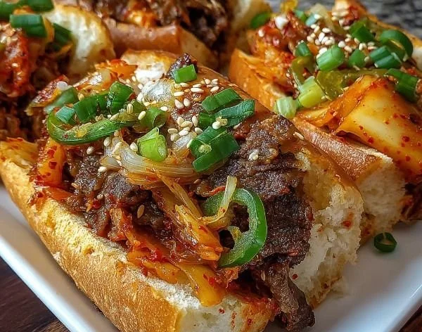 Delicious Spicy Kimchi Bulgogi Cheesesteak with vibrant vegetables on a hoagie roll