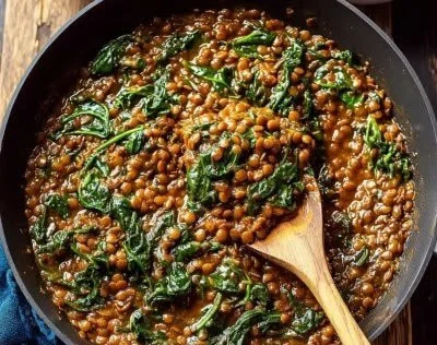 Spicy lentils and spinach dish served in a bowl for comfort food