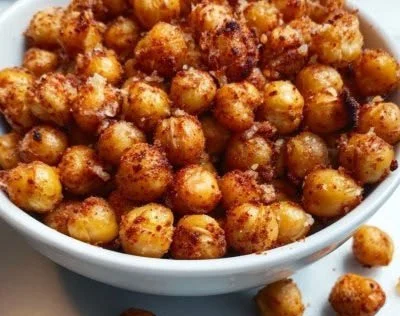 Bowl of spicy roasted chickpeas ready to serve as a snack