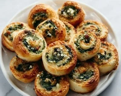 Spinach and feta pinwheels on a plate, ready to serve as a delicious appetizer.