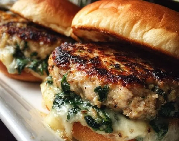 Spinach and White Cheddar Chicken Burgers on a plate garnished with fresh greens