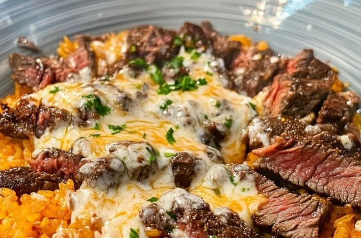 Delicious Steak Queso Rice Bowl topped with cheese and fresh ingredients
