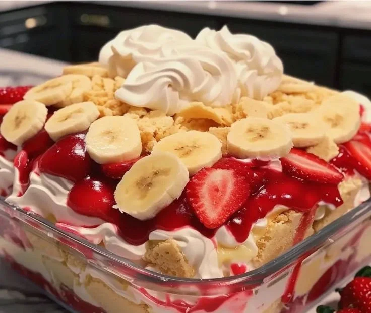 Delicious strawberry banana pudding topped with fresh fruit.