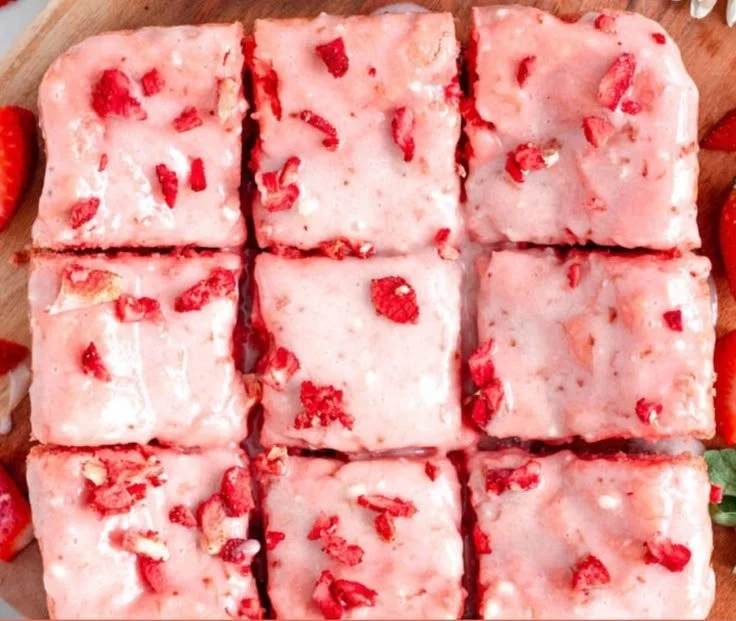 Delicious strawberry brownies made with cake mix, topped with fresh strawberries.