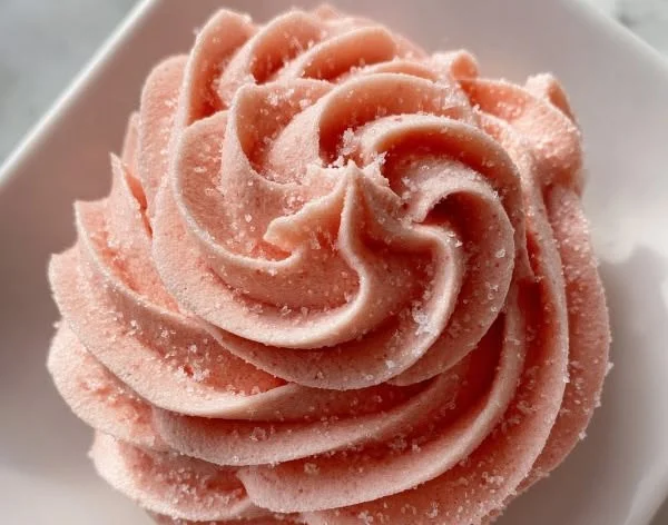 Whipped strawberry buttercream frosting on a cupcake
