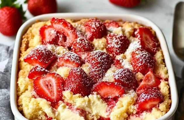 Delicious strawberry cheesecake dump cake topped with fresh strawberries.