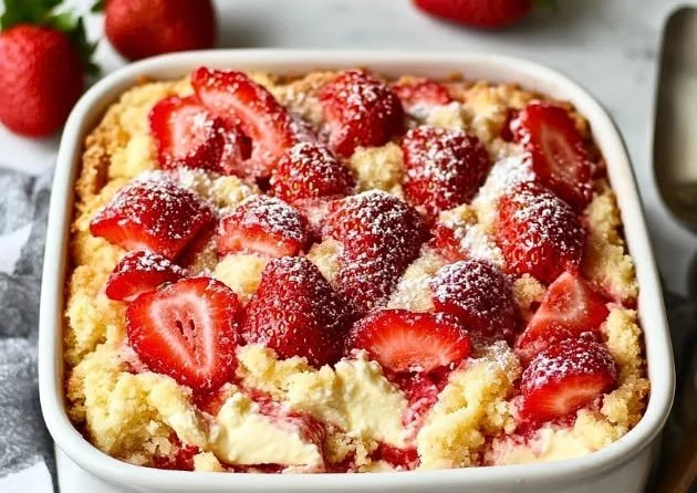 Delicious Strawberry Cheesecake Dump Cake with strawberries and cream topping