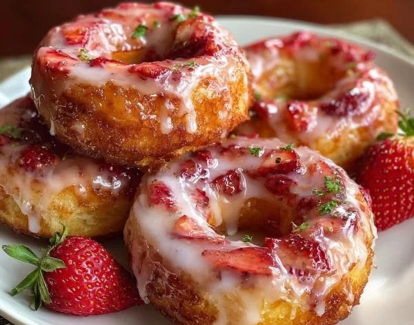 Delicious strawberry frosted donuts decorated with fresh strawberries.