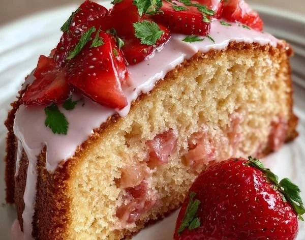 Delicious strawberry milkshake pound cake with fresh strawberries