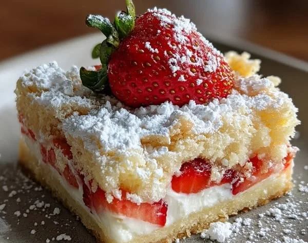 Delicious strawberry shortcake bars topped with fresh strawberries and whipped cream