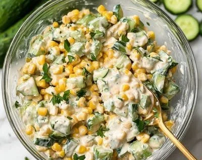 Delicious street corn topped with creamy cucumber salad in a vibrant presentation.
