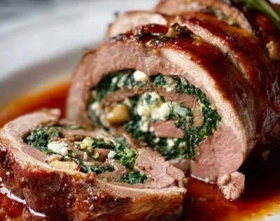 Stuffed leg of lamb with spinach, goat cheese, and pine nuts ready to serve.