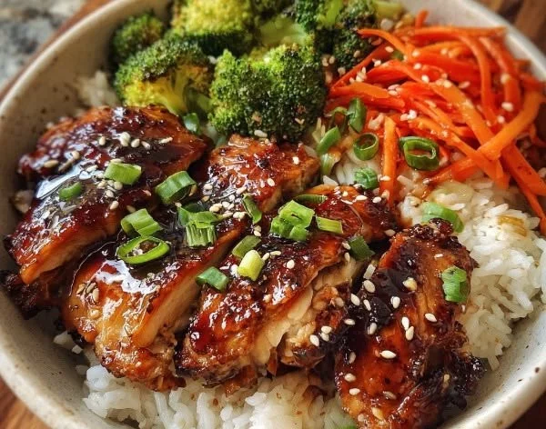 Delicious teriyaki chicken bowl topped with fresh vegetables and sesame seeds