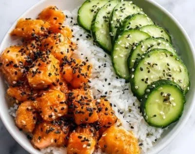 Delicious Teriyaki Salmon Bites with Avocado Cucumber Salsa and spicy mayo