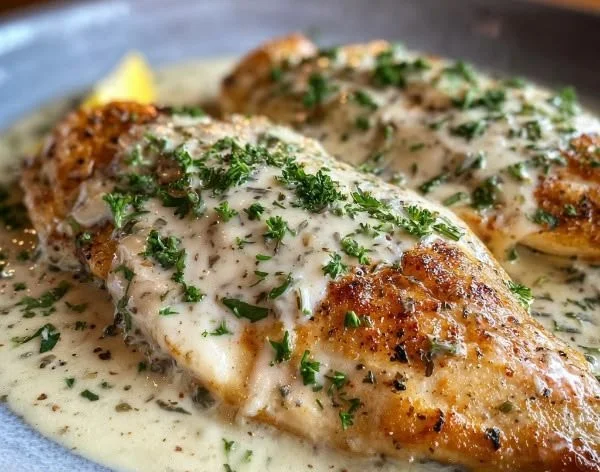 Filet of tilapia served in a creamy sauce on a white plate