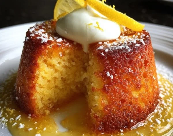 Slice of Traditional Irish Lemon Pudding Cake on a plate