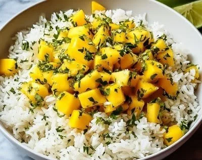 Bowl of tropical mango lime rice garnished with fresh herbs