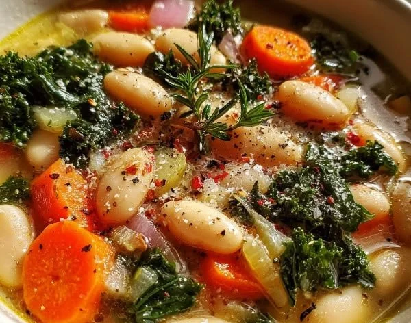 A bowl of hearty Tuscan White Bean Soup garnished with herbs.
