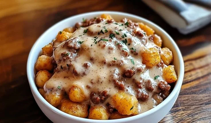 Ultimate Tater Tot Breakfast Bowl topped with eggs and cheese
