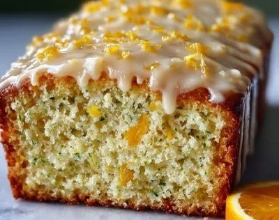 Freshly baked zucchini orange bread with a slice showcasing its moist texture.