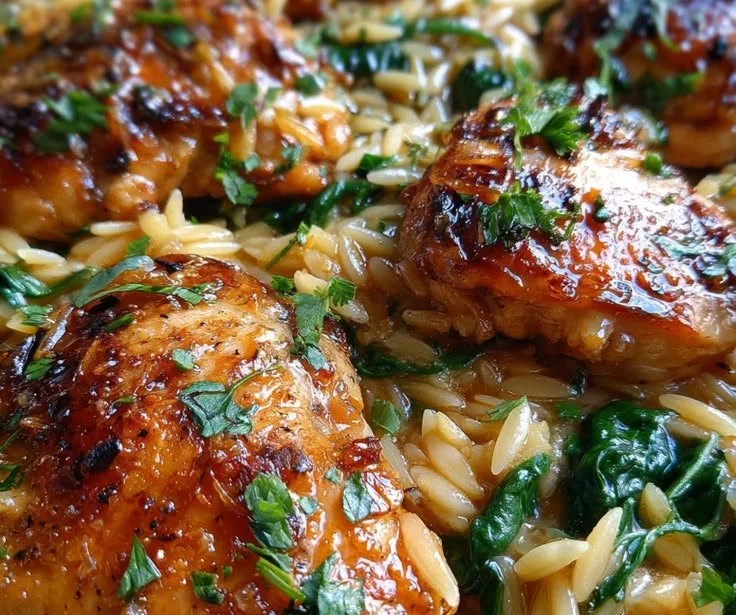 Honey garlic parmesan chicken served with orzo for a delicious one-pan meal