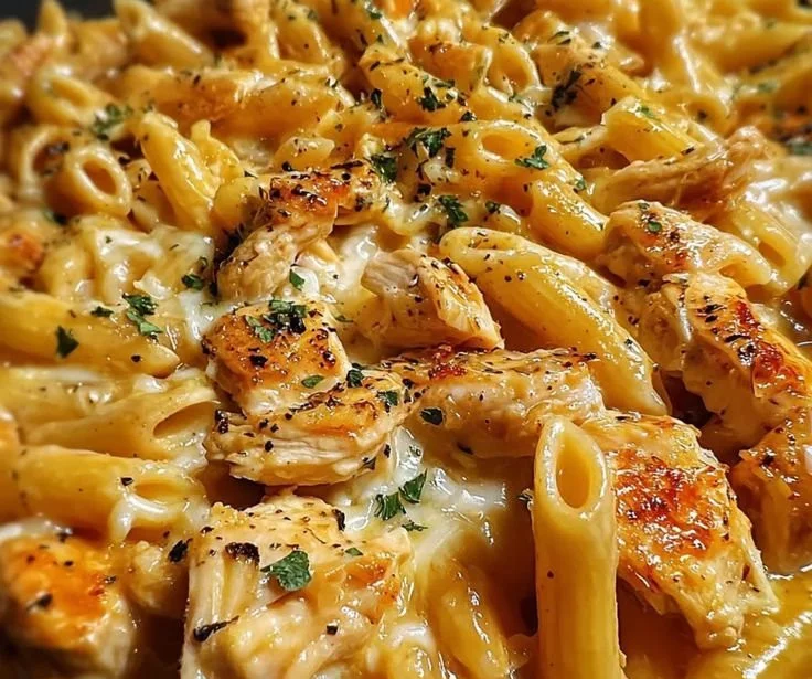 Delicious 1-pan white cheddar honey chicken pasta dish ready to serve.