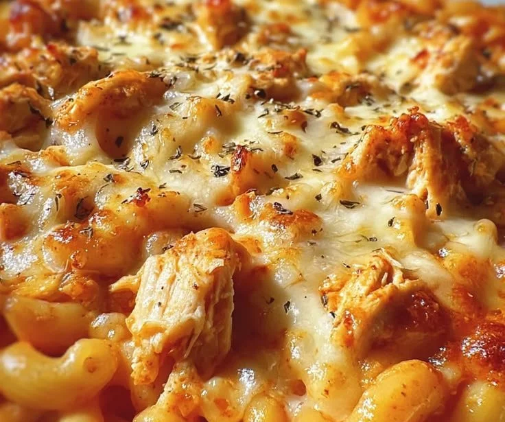 Creamy Chicken Parmesan Mac & Cheese topped with breadcrumbs and cheese.