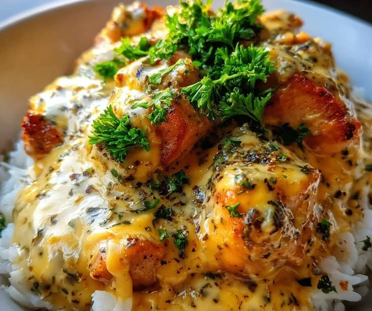 1-Pot creamy honey mustard chicken with pepper jack cheese and rice dish.