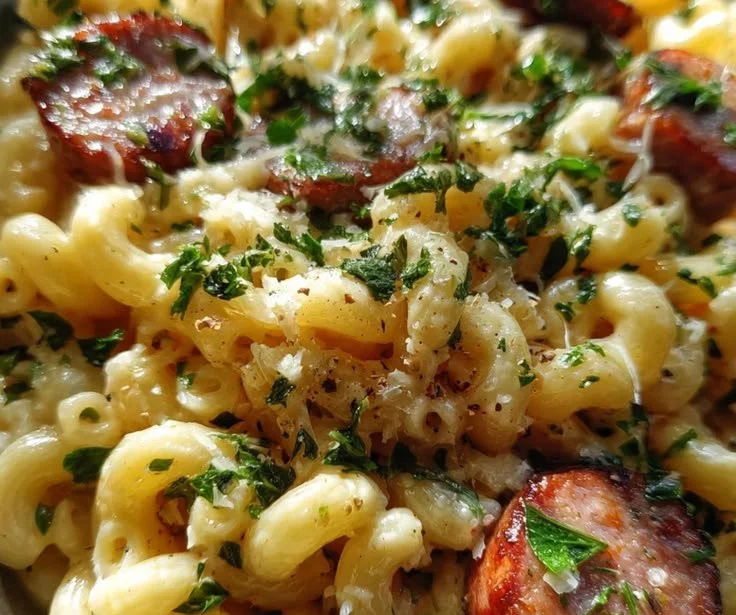 Creamy garlic butter sausage mac and cheese dish in a pot
