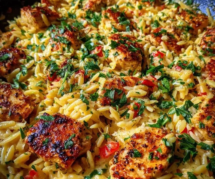 Delicious one pot smoky garlic butter chicken orzo in a serving bowl