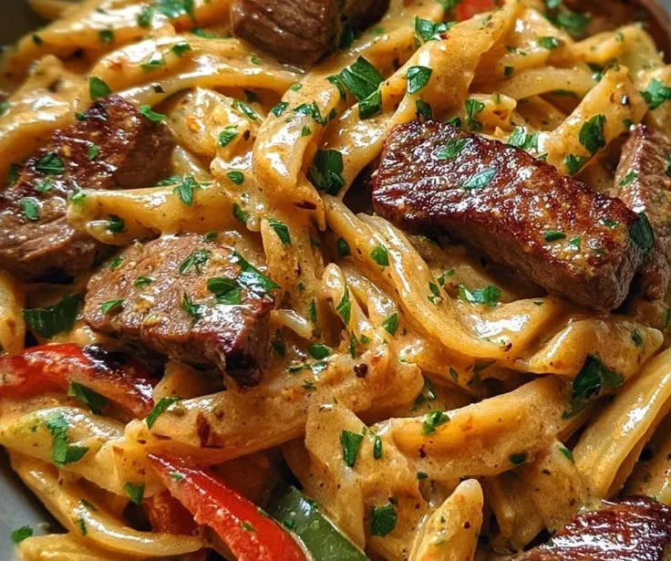 Creamy Spicy Cajun Steak Pasta served in a skillet for a delicious meal