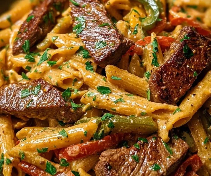 Creamy spicy Cajun steak pasta dish in a skillet, garnished with herbs.