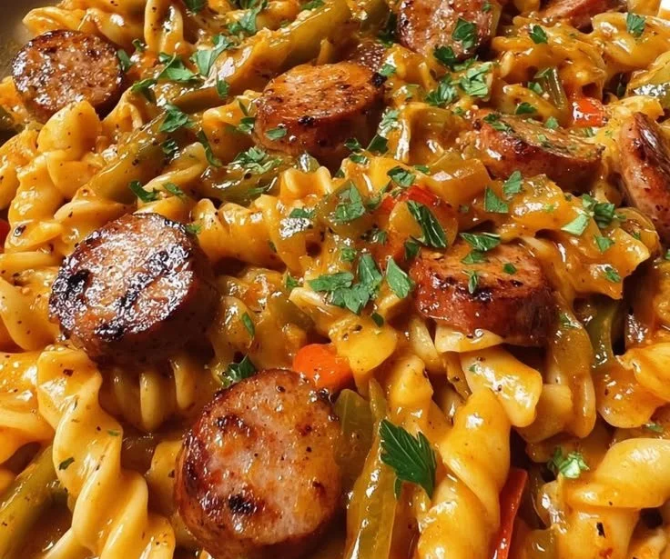 One skillet smoky Cajun sausage pasta with creamy sauce and colorful vegetables