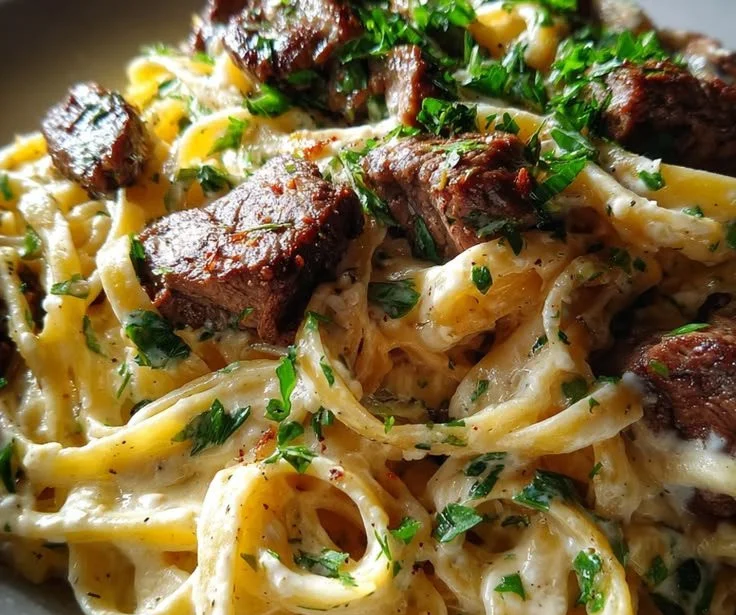 Creamy Smoky Garlic Butter White Cheddar Steak Pasta in a skillet