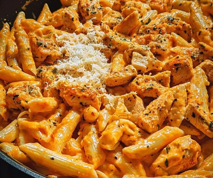 1-skillet Buffalo Ranch Chicken Pasta served in a bowl, garnished with herbs