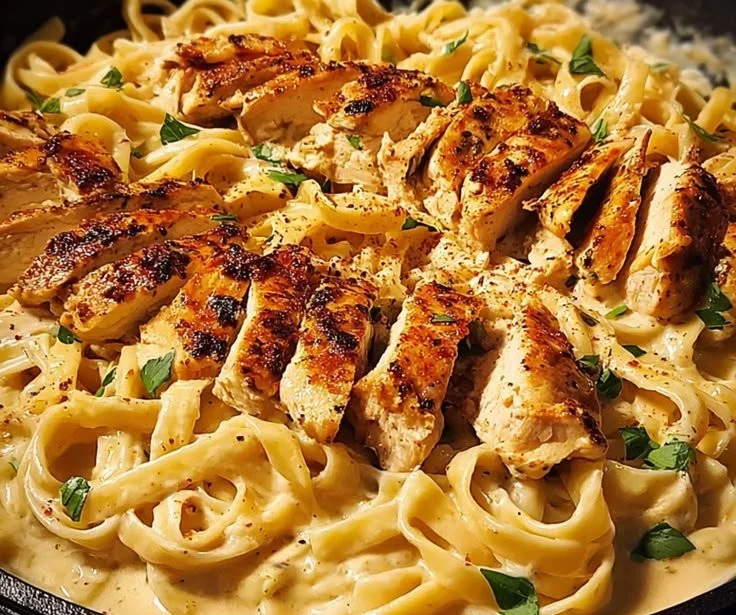 Skillet Cajun Chicken Alfredo garnished with parsley in a creamy sauce.