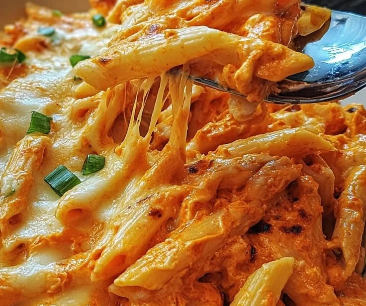 Creamy Buffalo Chicken Pasta Bake served in a casserole dish