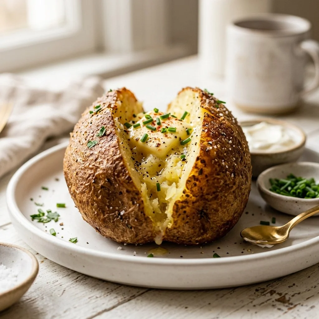 Air fryer baked potato with crispy skin and fluffy inside