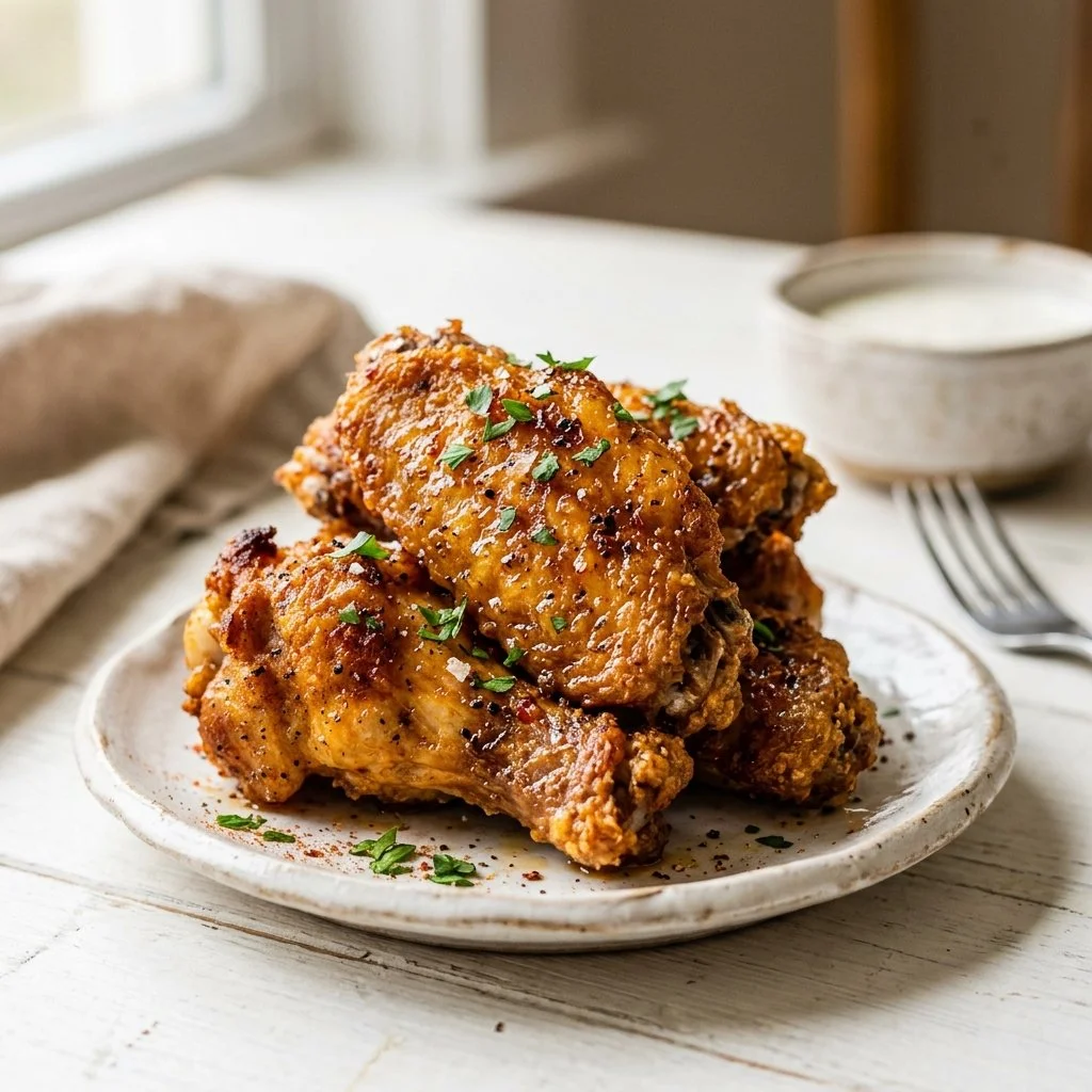 Crispy air fryer chicken wings served on a plate with dipping sauce