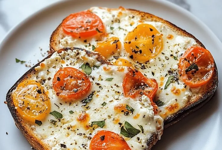 Air fryer cottage cheese pizza toast topped with fresh ingredients on a plate