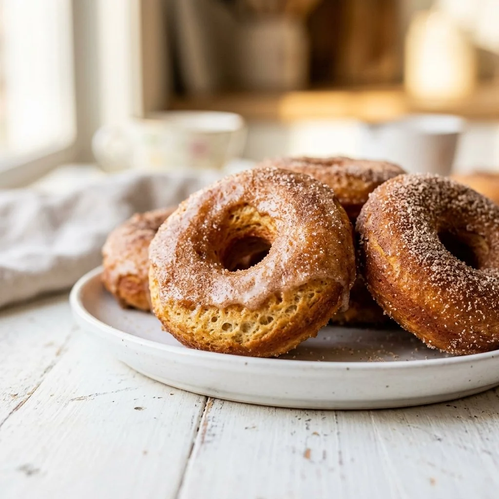 Freshly made air fryer donuts with a golden crust and sweet glaze
