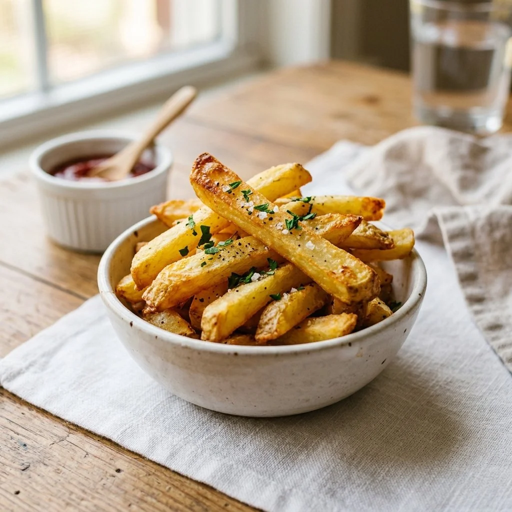 Crispy air fryer French fries served in a bowl with dipping sauce.