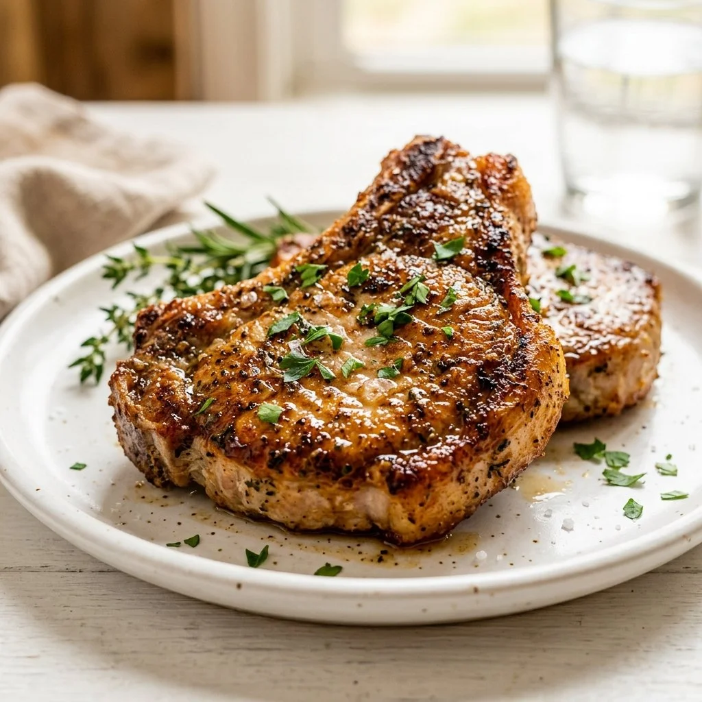 Juicy air fryer pork chops served with sides for a tasty meal
