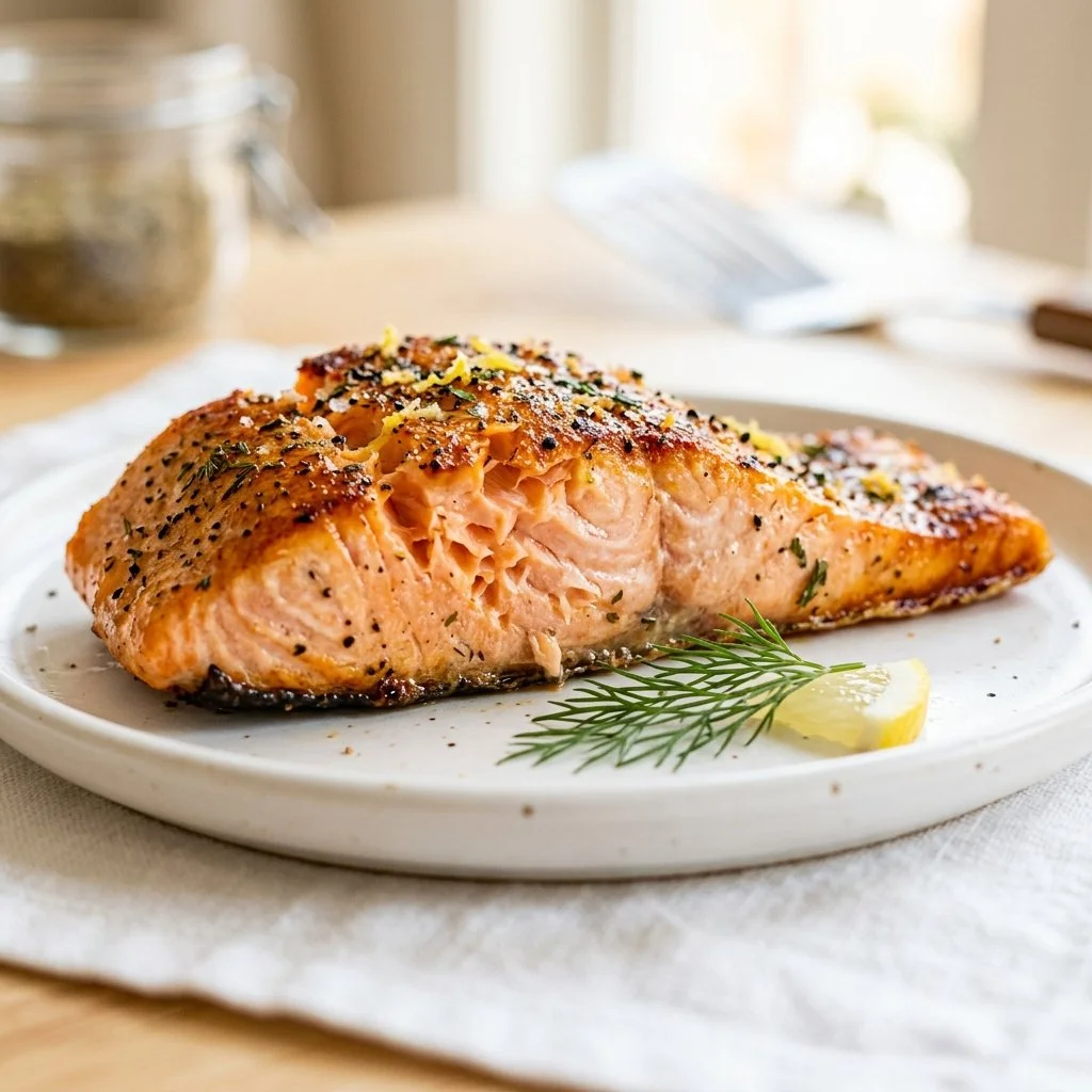 Perfectly cooked air fryer salmon with herbs and lemon garnish