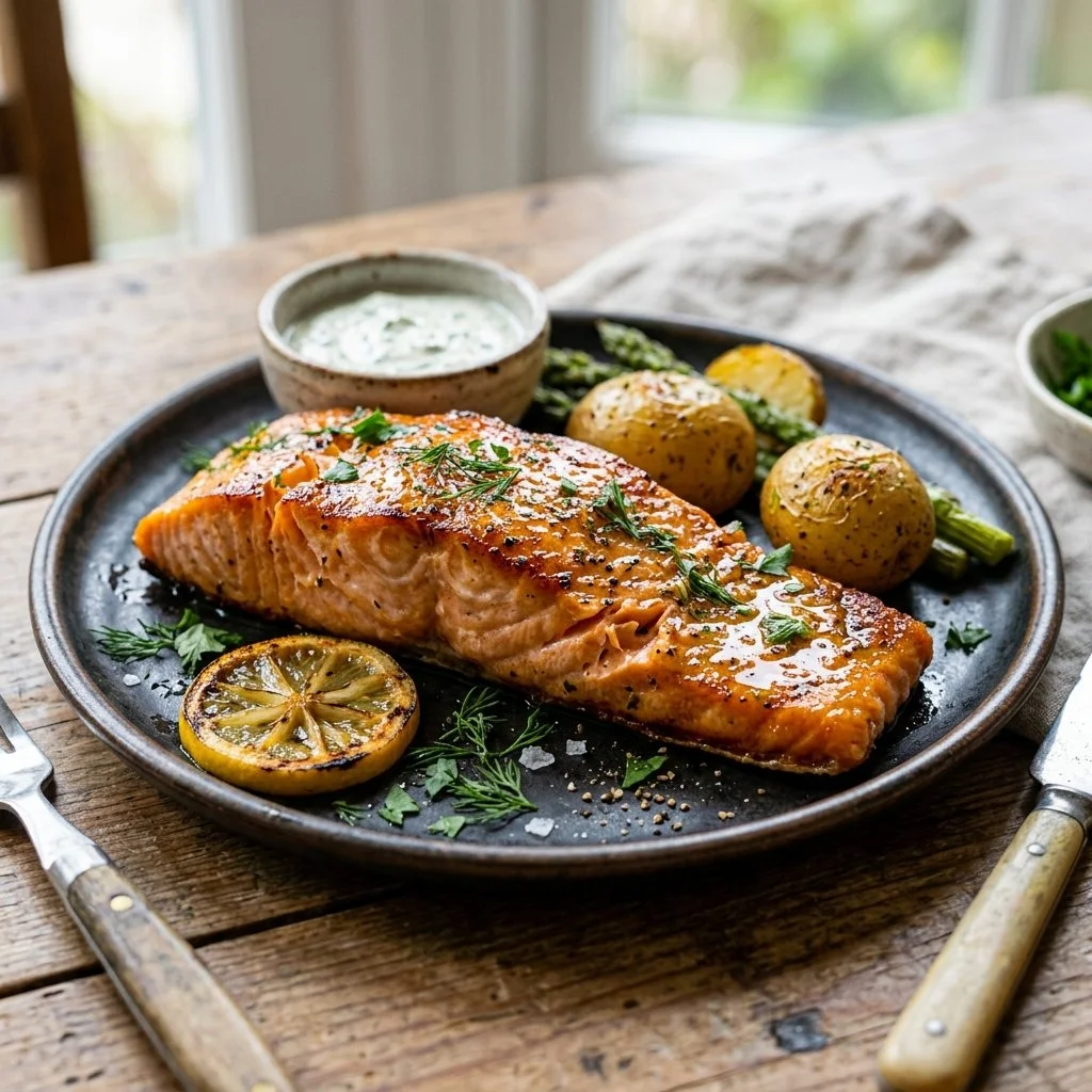 Deliciously cooked air fryer salmon served with lemon and herbs