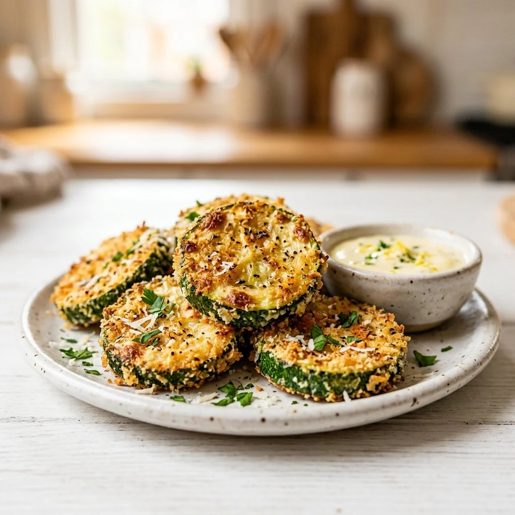 Crispy air fryer zucchini slices served in a bowl with dipping sauce